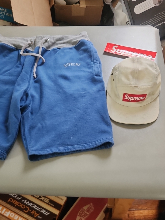 Supreme Other - Supreme Blue Drawstring Sweatshorts with Cream Box Logo Camp Cap and Sticker